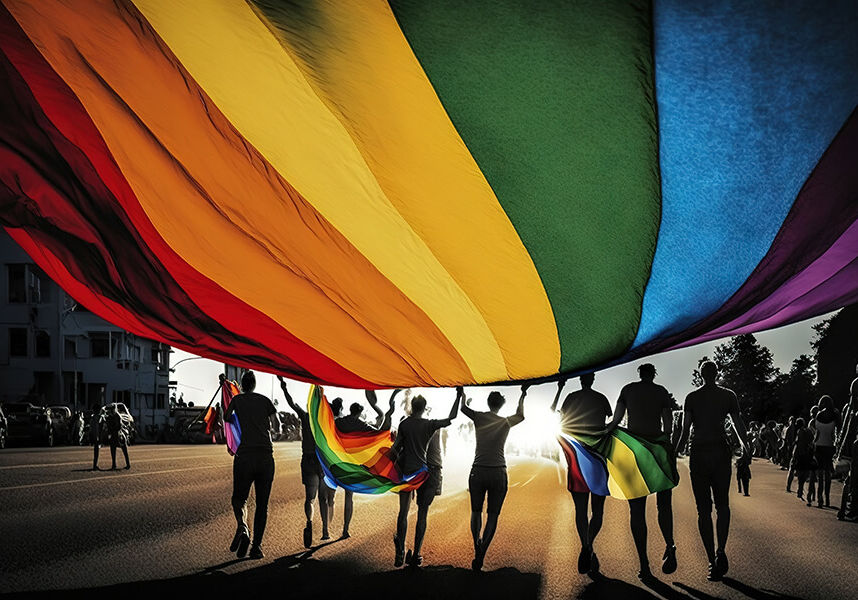 People with rainbow flag on pride parade People with rainbow flag on pride parade